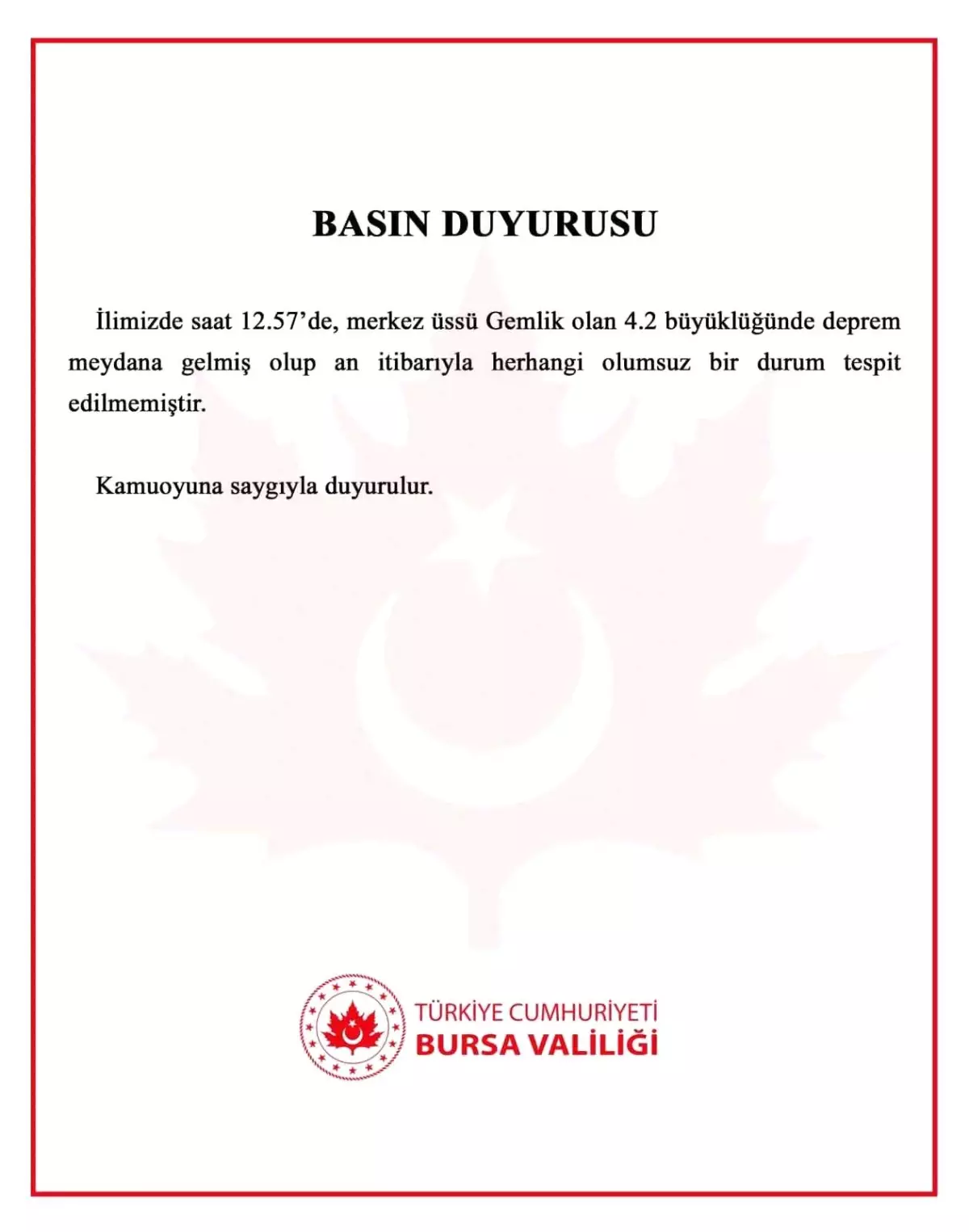 Bursa'da 4.2 Büyüklüğünde Deprem: Olumsuz Durum Tespit Edilmedi