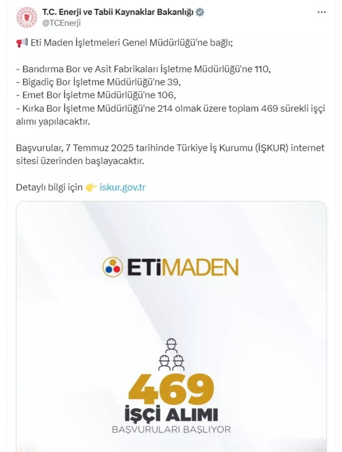 Eti Maden İşletmeleri'ne 469 Sürekli İşçi Alınacak