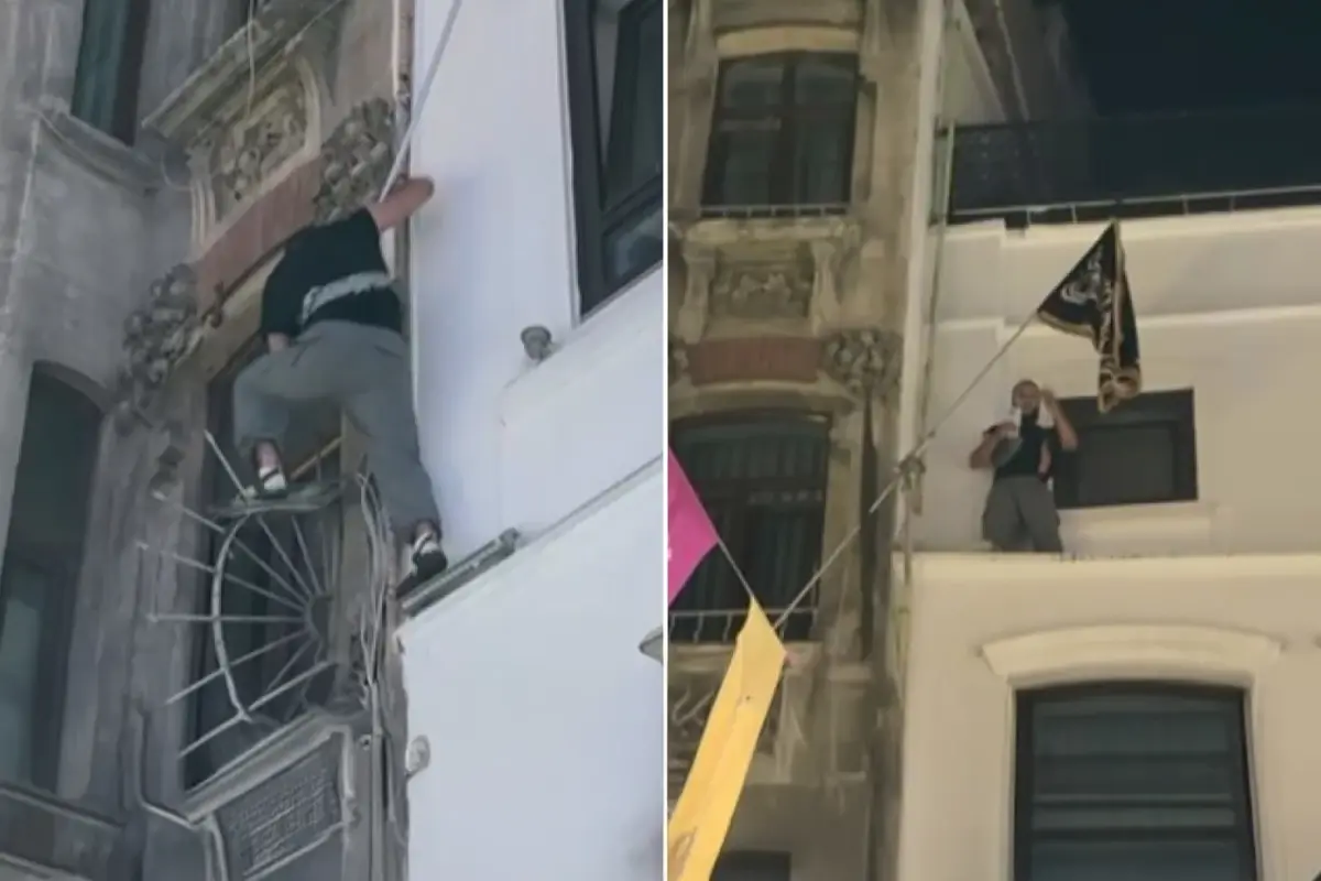 Leman protestoları sırasında binaya tırmanıp Tevhit bayrağı astı
