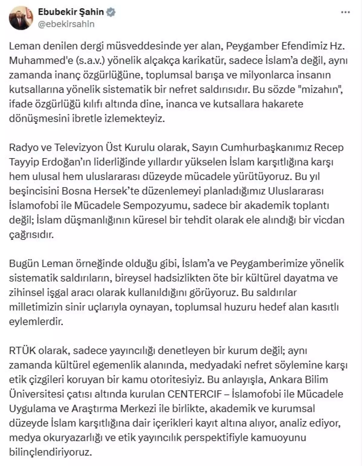RTÜK Başkanı Şahin: İslamofobi bir güvenlik, kimlik ve insanlık meselesidir