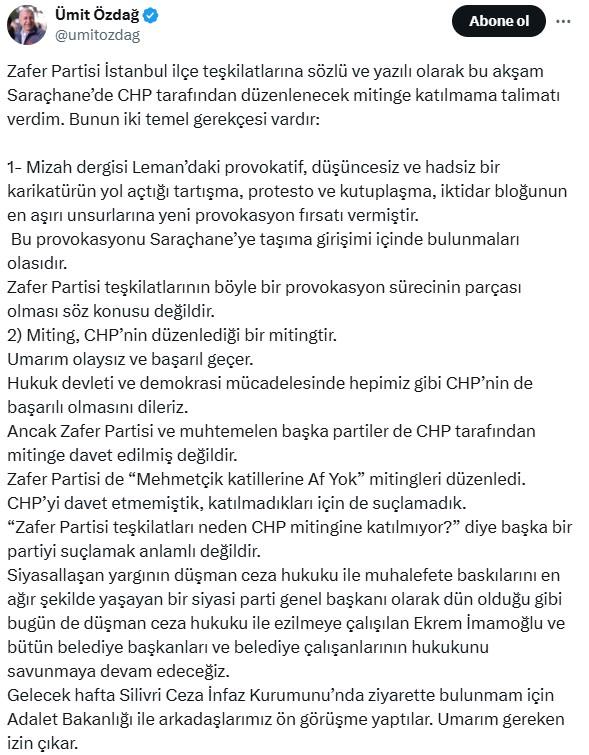 Ümit Özdağ's justification for the CHP rally ban: 'Leman'