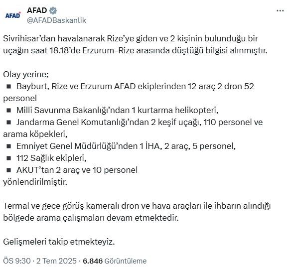 Bayburt'ta küçük uçak düştü! 2 kişiye ulaşılmaya çalışılıyor Bayburt'ta küçük uçak düştü! 2 kişiye ulaşılmaya çalışılıyor