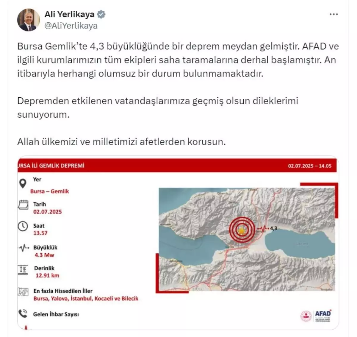 Bakan Yerlikaya'dan Deprem Açıklaması: Olumsuz Durum Yok