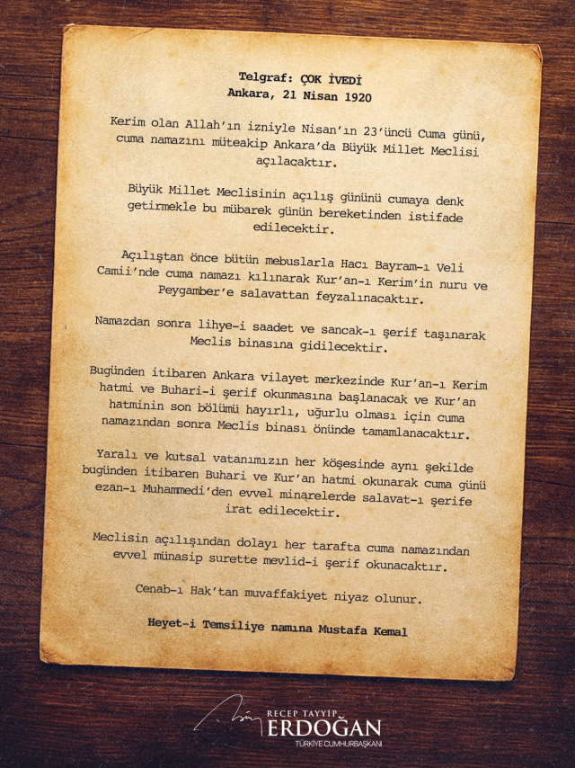 President Erdoğan shared the telegram sent by Atatürk: This is the essential will that founded this country