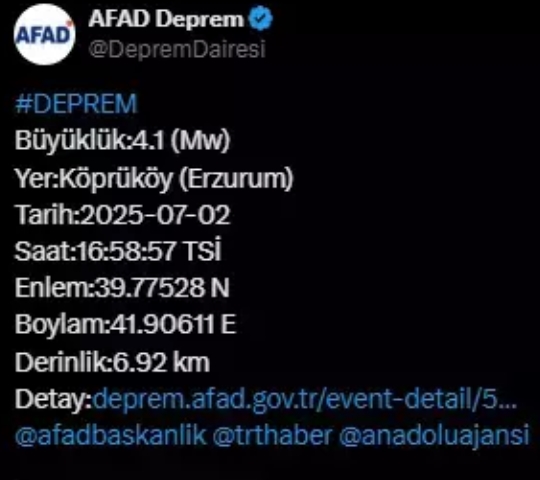 Erzurum deprem mi oldu? Erzurum'da son dakika deprem oldu? 2 Temmuz Çarşamba! Deprem şiddeti ve büyüklüğü kaç, nerede oldu?