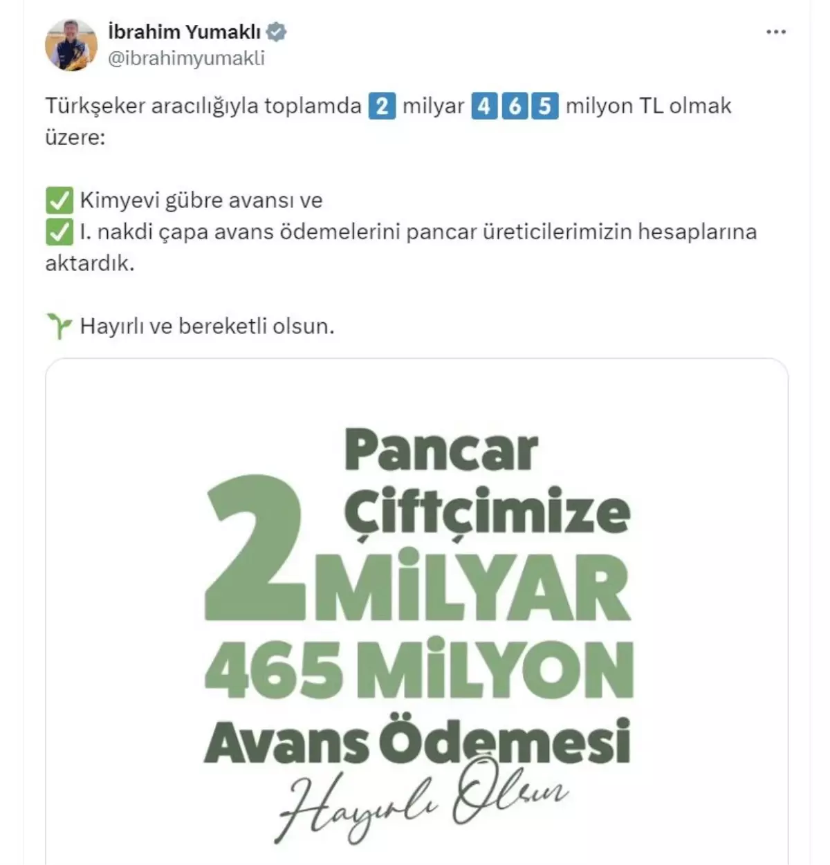 Tarım Bakanı Yumaklı, Pancar Üreticilerine 2.5 Milyar TL Avans Ödemesi Yaptı