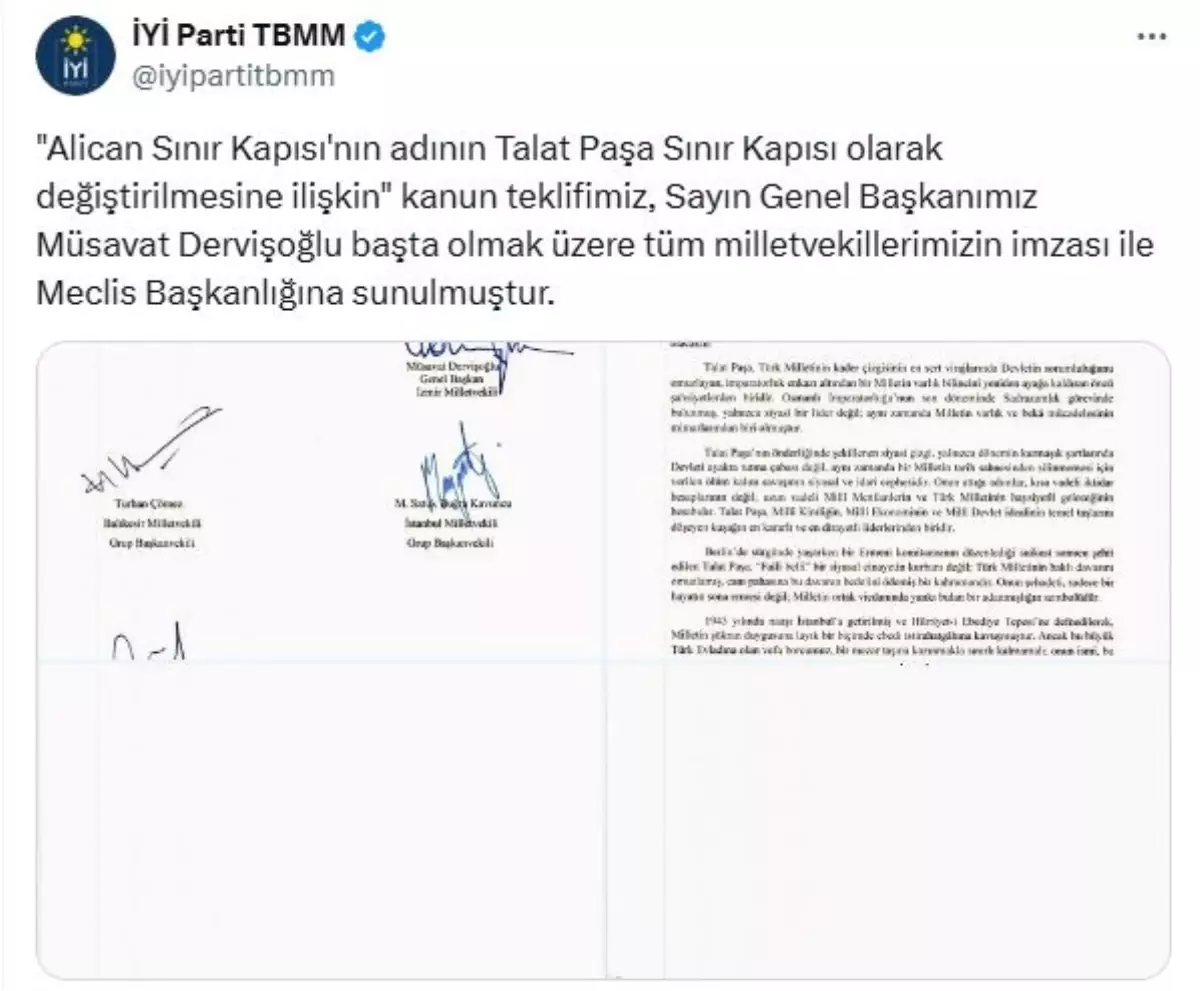 İYİ Parti'den Alican Sınır Kapısı'na Talat Paşa ismi teklif edildi