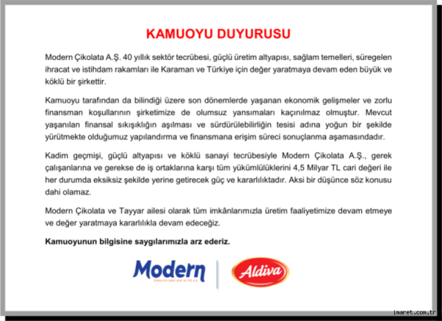 Turkey's giant chocolate producer has applied for concordat