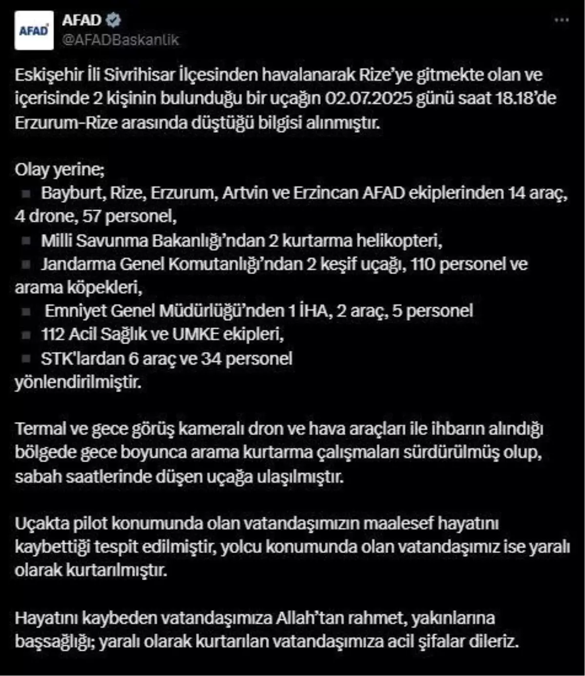 Eskişehir'den Rize'ye Giden Uçak Düşmesi: 1 Ölü, 1 Yaralı