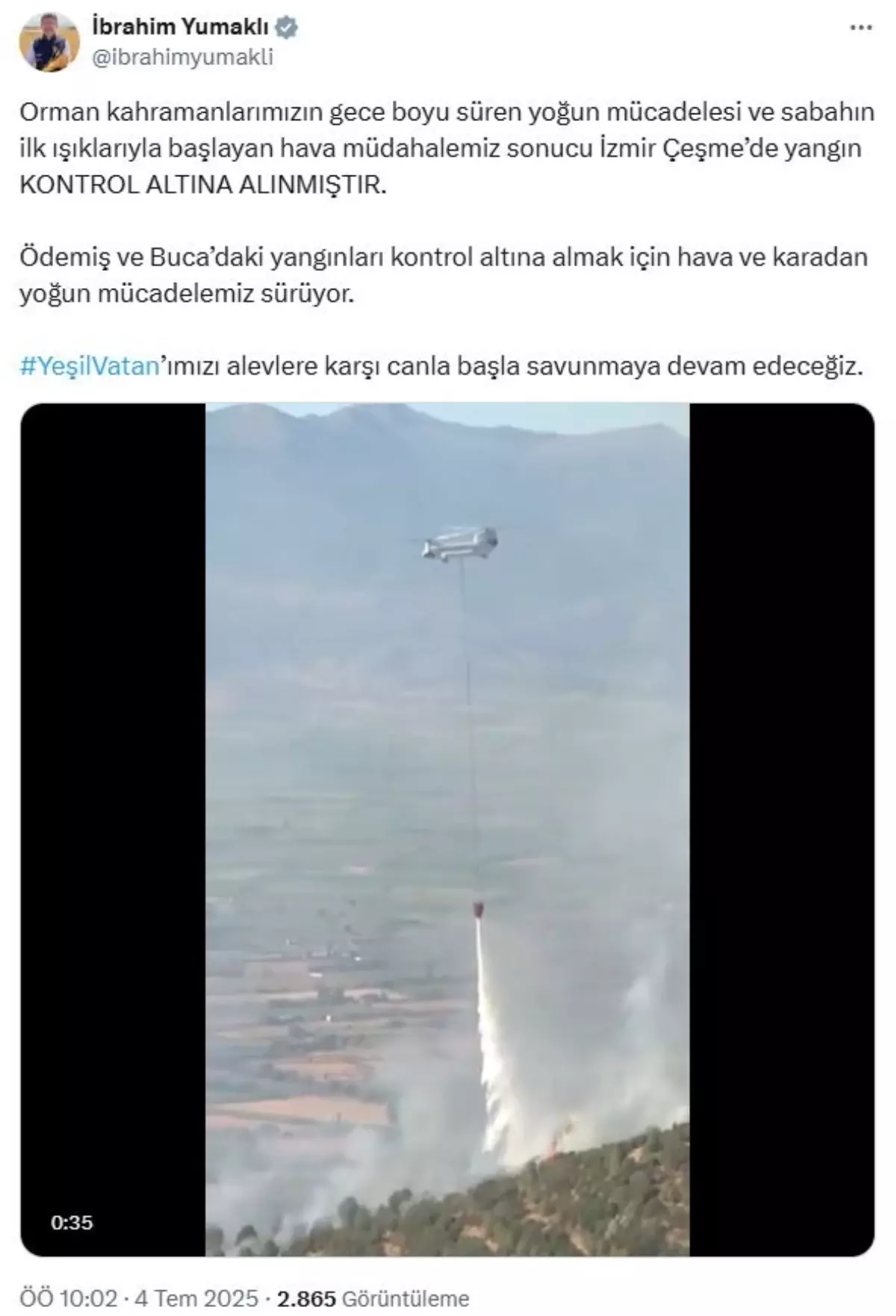 İzmir Çeşme'deki Yangın Kontrol Altına Alındı