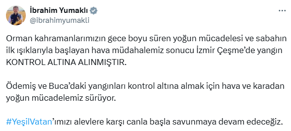 Minister Yumaklı: The fire in Çeşme has been brought under control