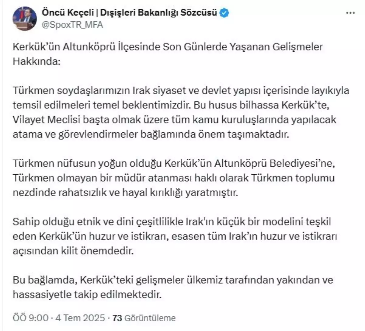 Dışişleri Bakanlığı'ndan Kerkük Açıklaması