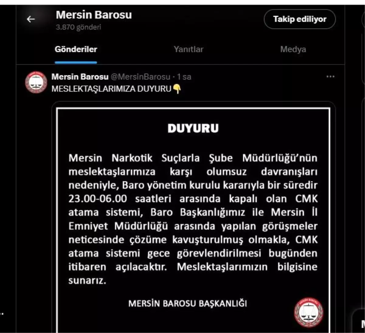 Mersin Barosu'ndan Gece Saatlerinde CMK Atama Sistemi Yeniden Açıldı