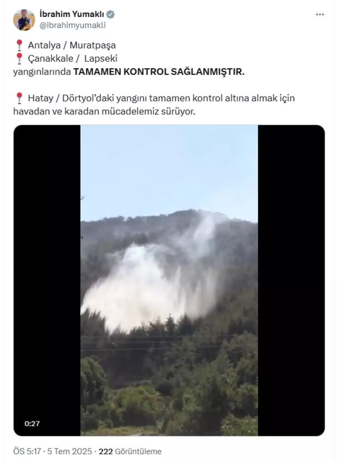 Bakan Yumaklı Yangınla İlgili Açıklama Yaptı