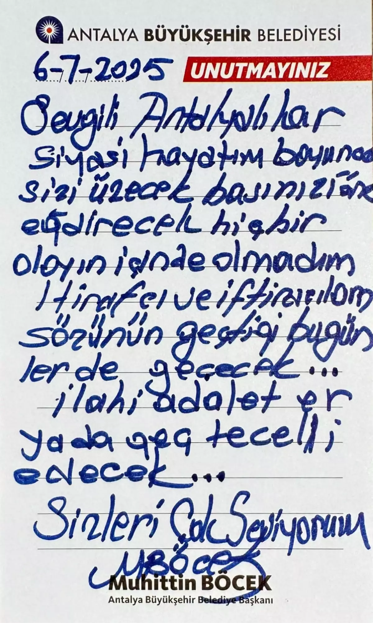 Muhittin Böcek'ten Antalyalılara Duygu Dolu Mesaj