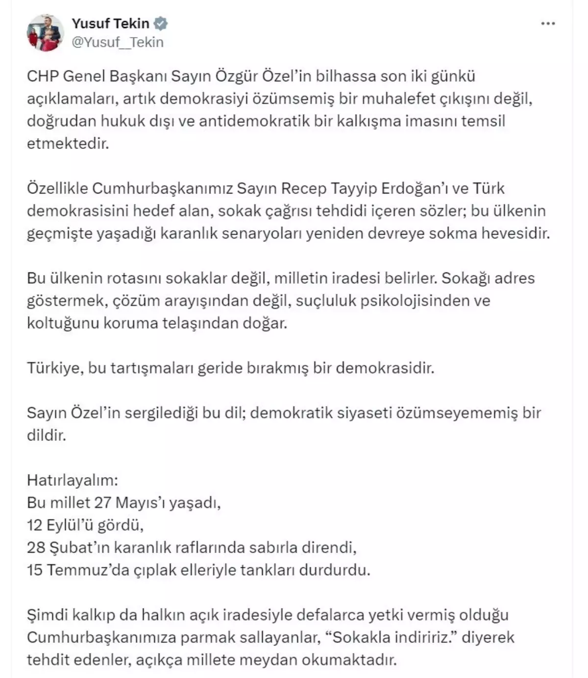 Milli Eğitim Bakanı Tekin: CHP Genel Başkanı'nın Açıklamaları Demokrasi Düşmanlığıdır
