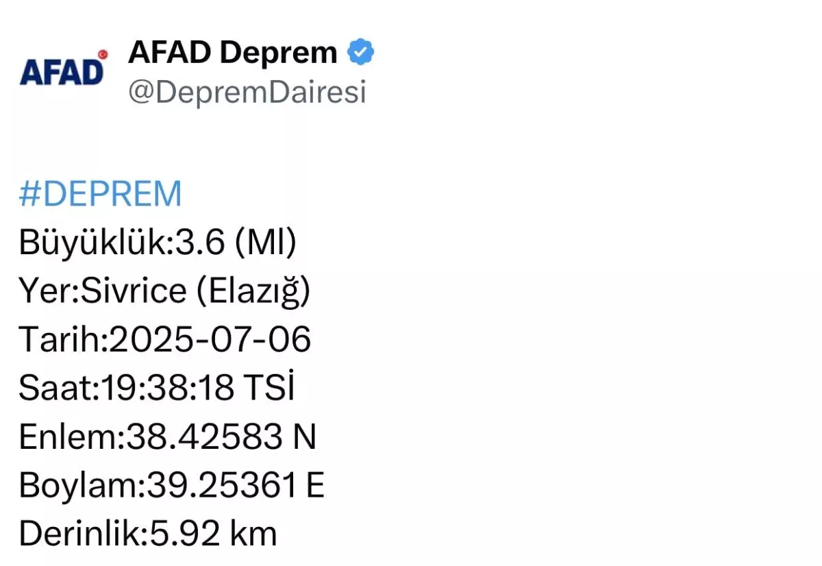 Elazığ'da 3.6 Büyüklüğünde Deprem