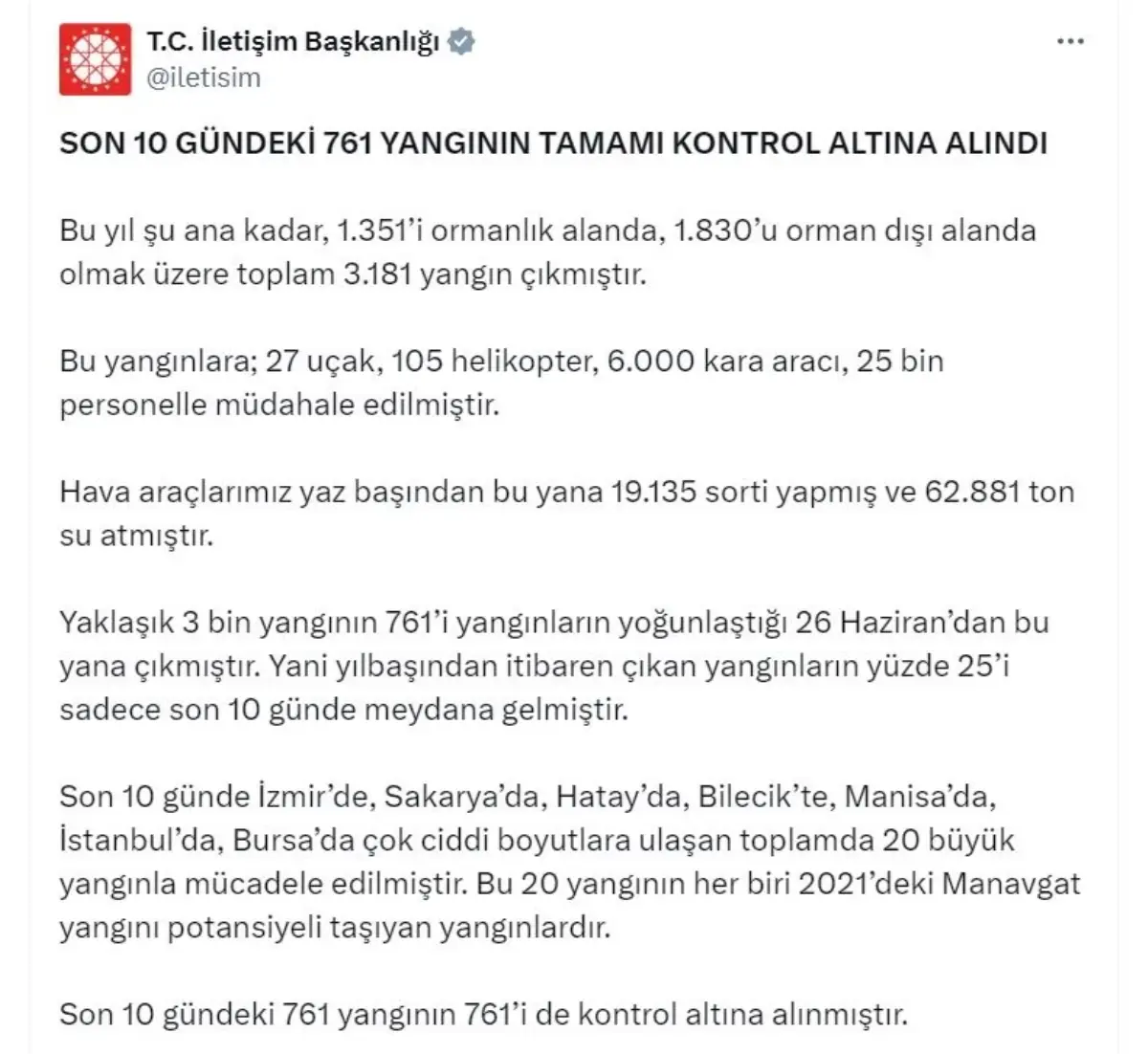 Türkiye Genelinde 761 Yangın Kontrol Altına Alındı