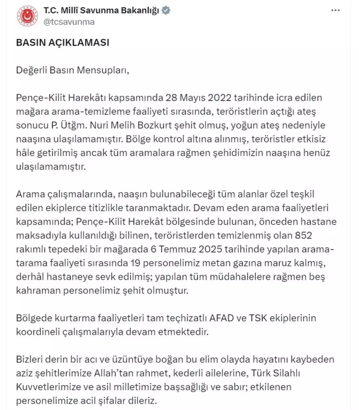Pençe-Kilit Harekatı'nda Metan Gazına Maruz Kalan 5 Asker Şehit Oldu