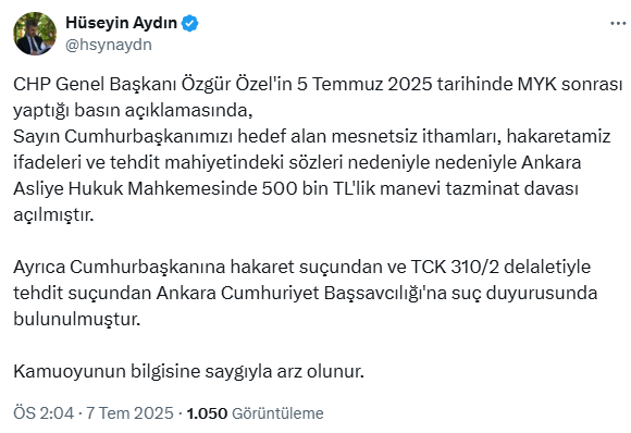 A lawsuit for 500,000 Turkish Lira in moral damages has been filed against Özel by Erdoğan