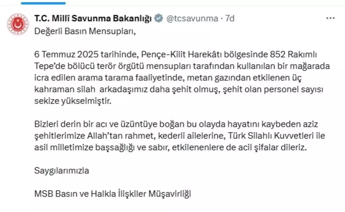 Pençe-Kilit Harekatı'nda 3 asker daha şehit oldu