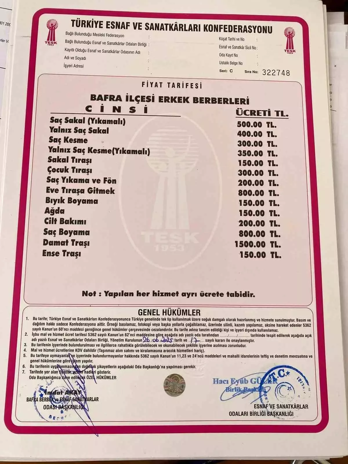 Bafra'da Kuaför ve Berber Tarifeleri Güncellendi