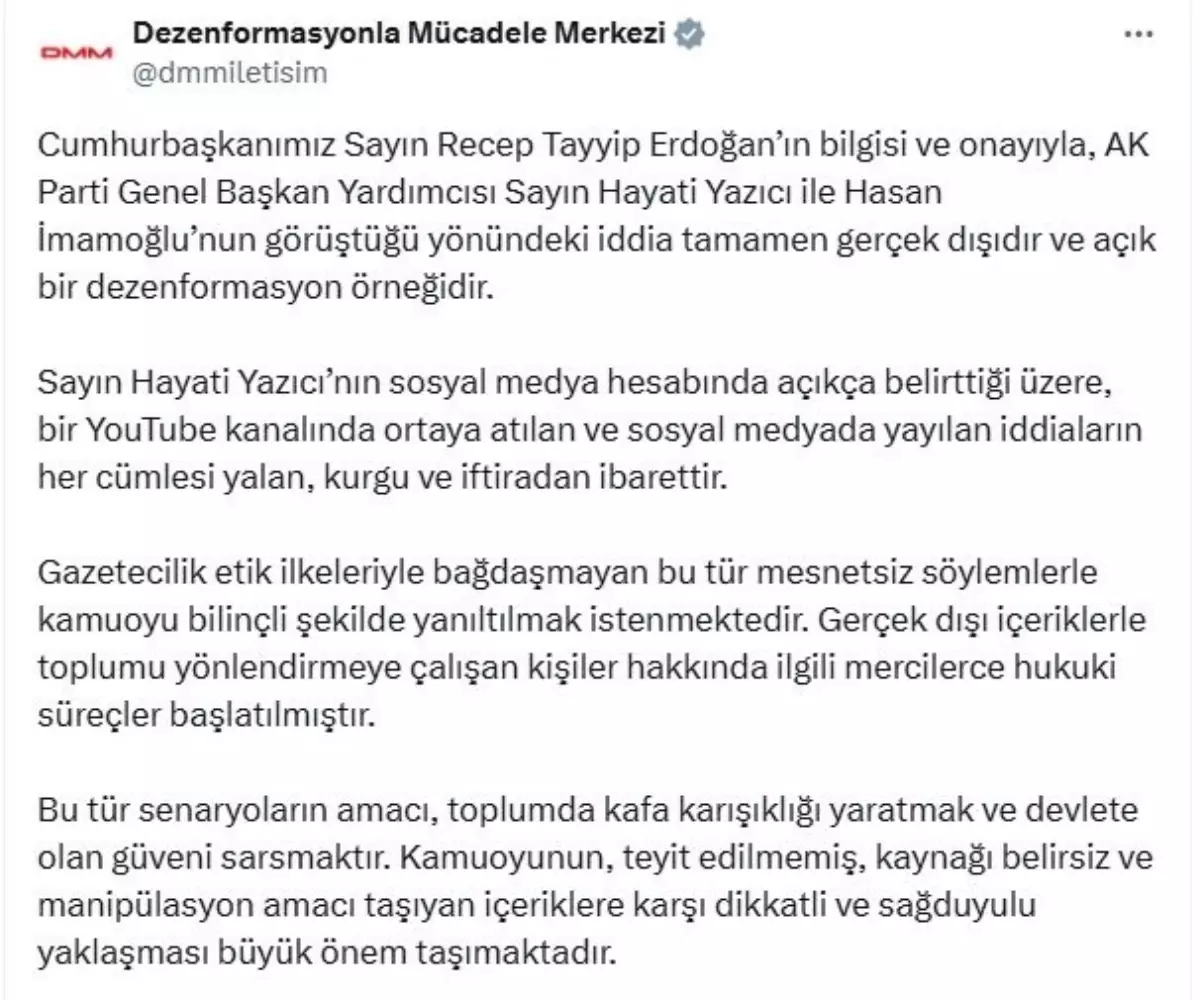 DMM: Yazıcı ve İmamoğlu Görüşmesi İddiası Dezenformasyon
