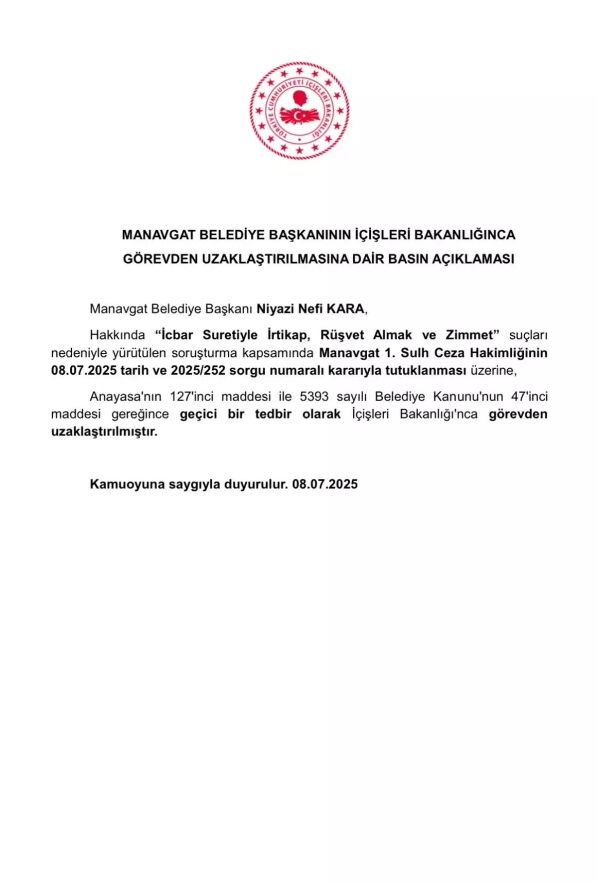 Manavgat Belediye Başkanı Niyazi Nefi Kara Tutuklandı