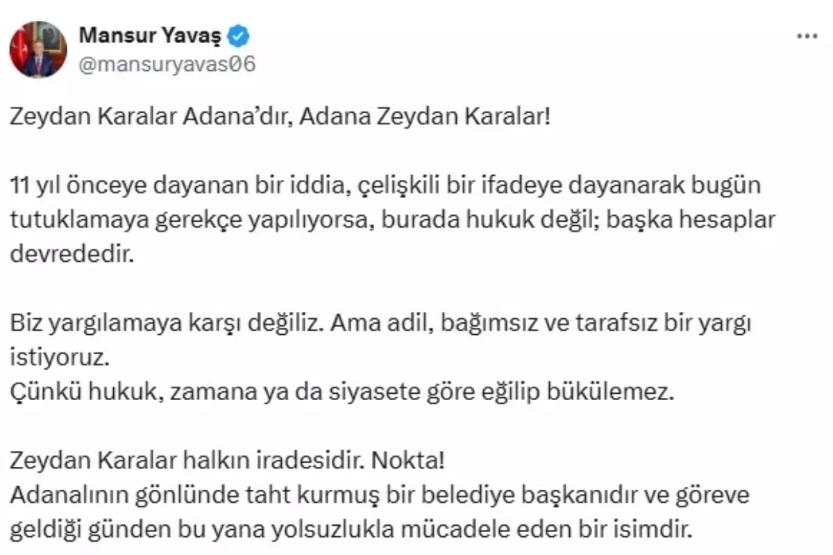 Mansur Yavaş'tan Zeydan Karalar Açıklaması: 'Hukuk Eğilip Bükülemez'