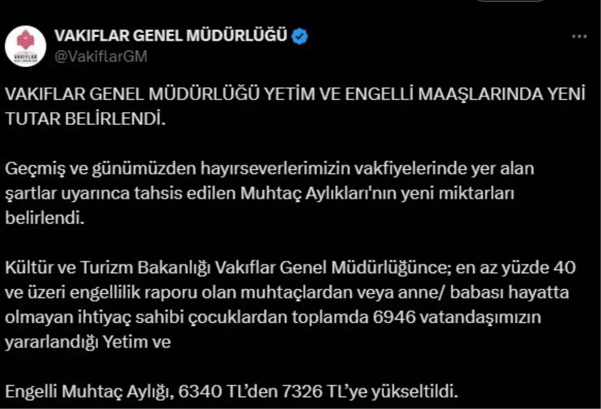 Engelli ve Yetim Aylığı 7.326 TL'ye Yükseltildi