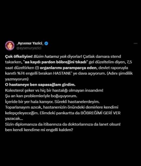 Ayşenur Yazıcı'nın hastane olayı nedir? Ayşenur Yazıcı hangi hastanede tedavi gördü? - SON DAKİKA Ayşenur Yazıcı'nın hastane olayı nedir? Ayşenur Yazıcı hangi hastanede tedavi gördü? - SON DAKİKA