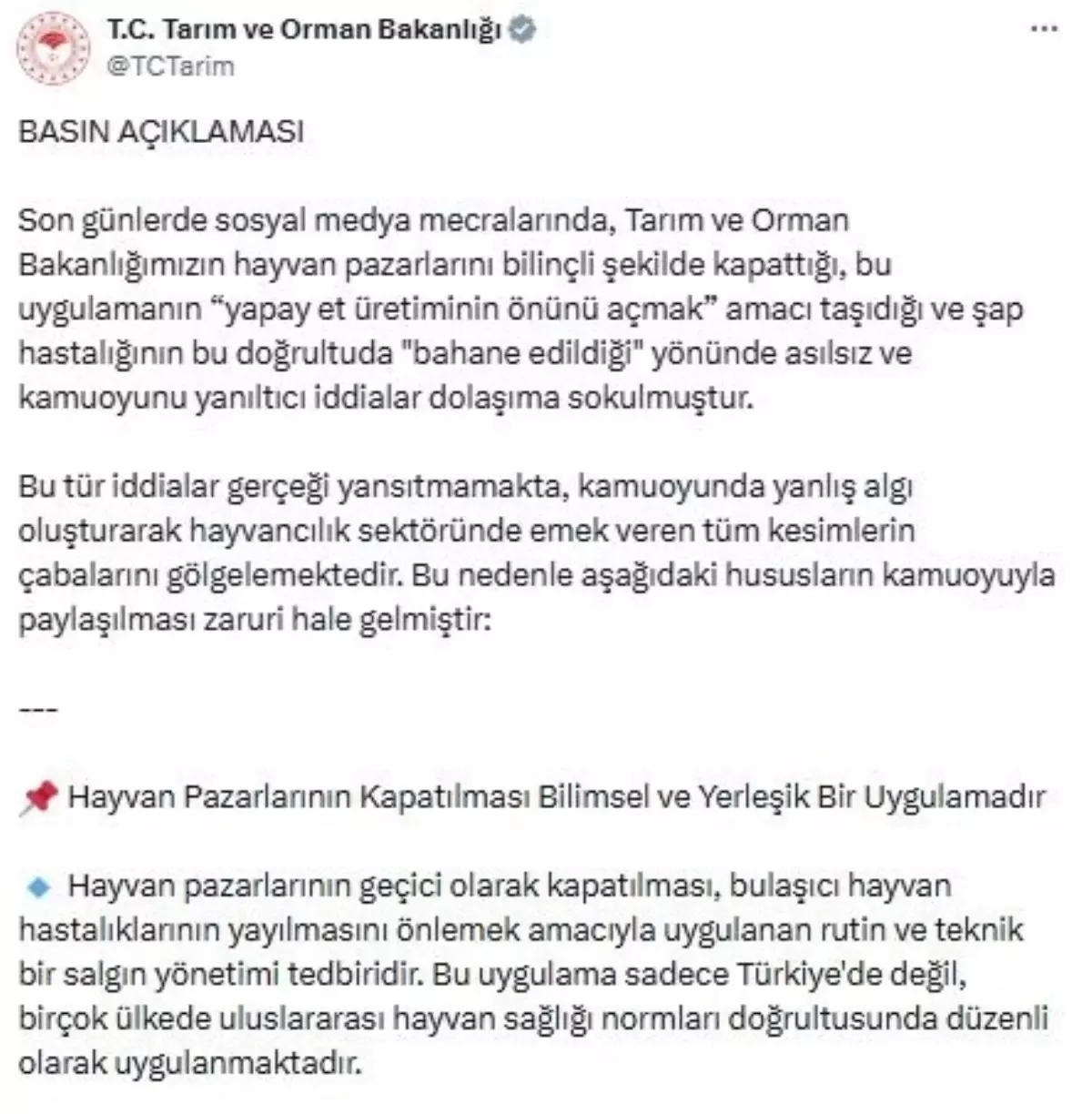 Tarım Bakanlığı'ndan Yapay Et İddialarına Yanıt