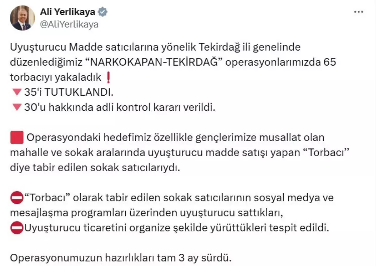 Tekirdağ'da Uyuşturucu Operasyonu: 65 Şüpheli Gözaltına Alındı