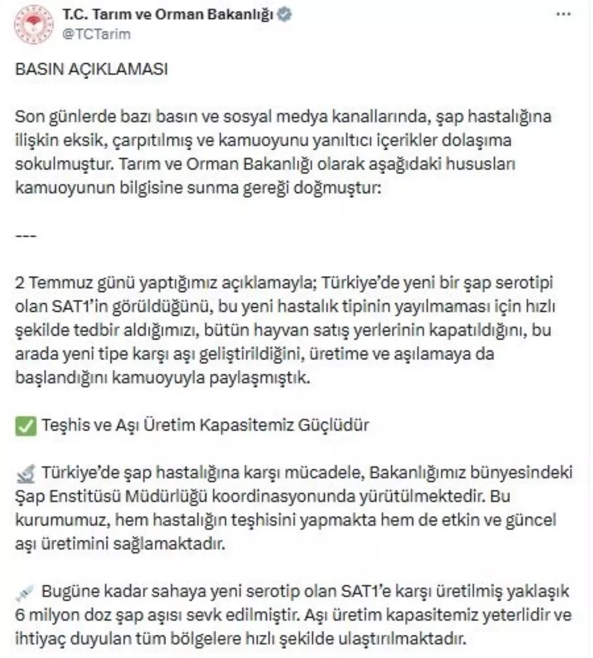 Tarım Bakanlığı'ndan Hayvan Sağlığı Açıklaması