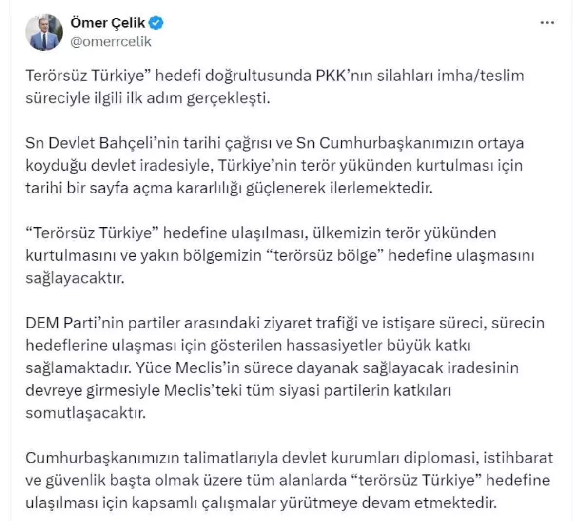 AK Parti Sözcüsü Çelik: 'Terörsüz Türkiye' hedefine ulaşmak için kritik bir eşik geçildi