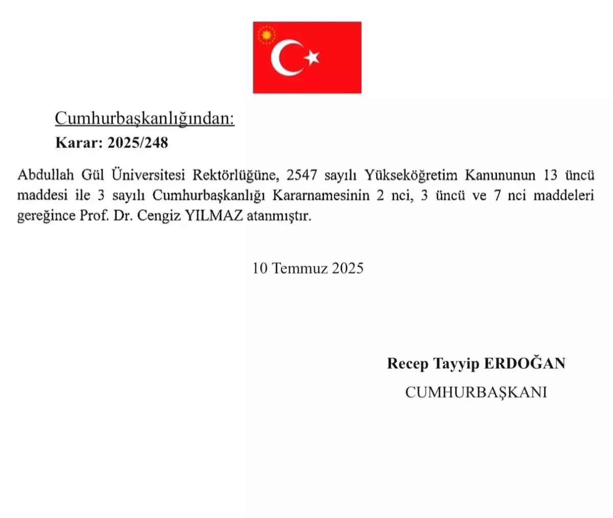 Cengiz Yılmaz, Abdullah Gül Üniversitesi Rektörlüğü'ne Yeniden Atandı