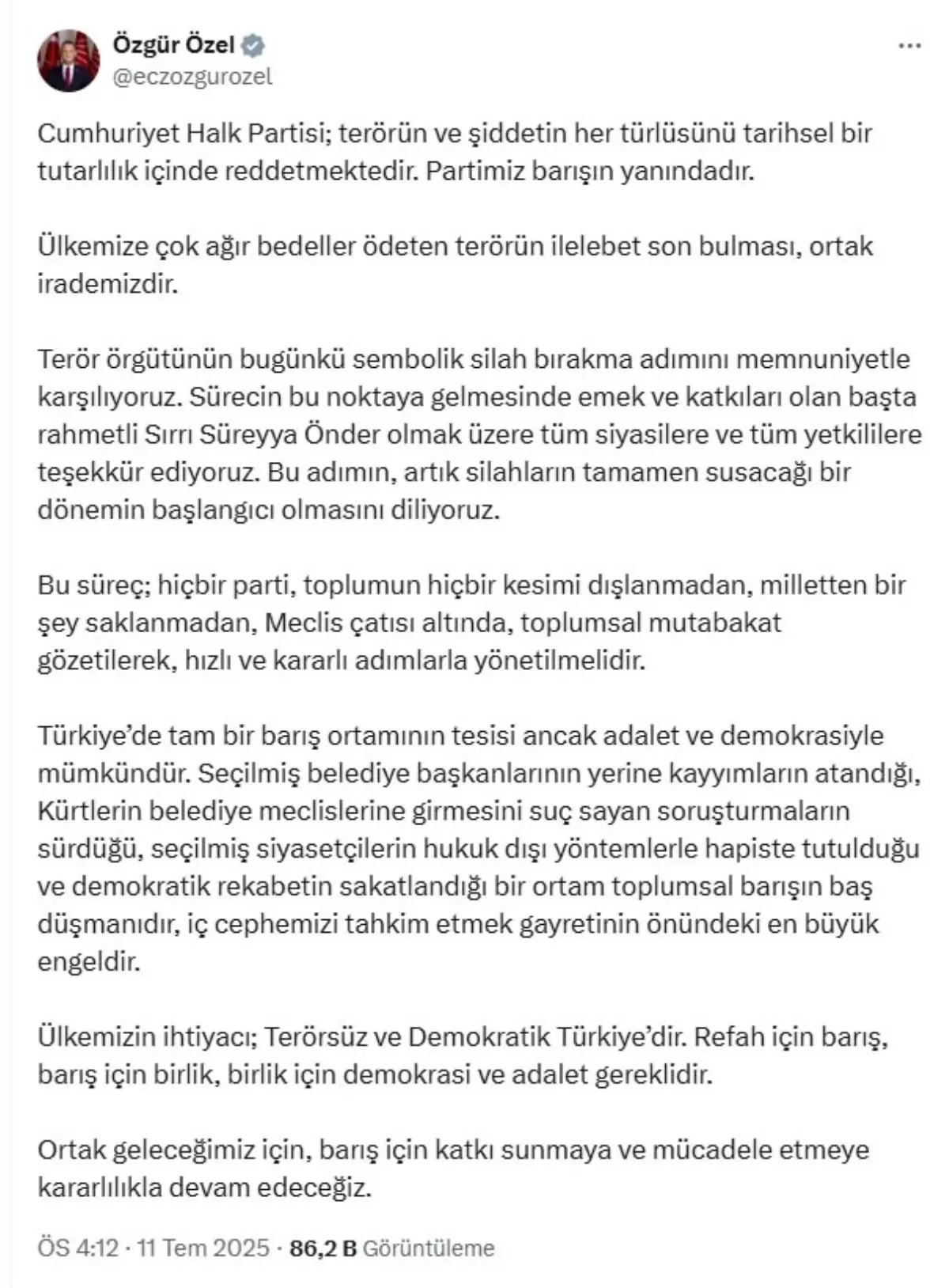 CHP Genel Başkanı Özgür Özel'den Terörle Mücadele Açıklaması