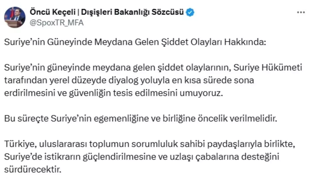 Dışişleri Bakanlığı'ndan Suriye'ye İlişkin Açıklama