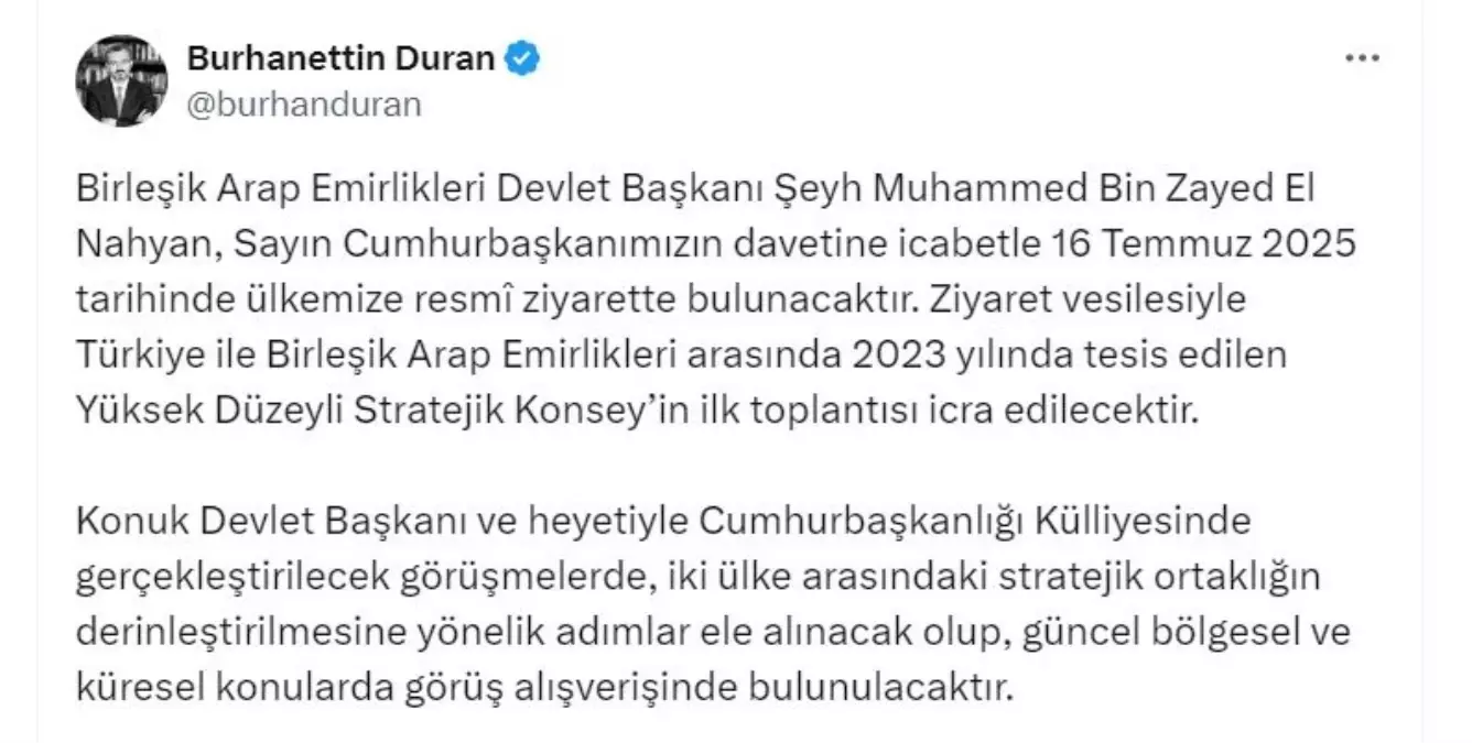 BAE Devlet Başkanı Türkiye'ye Resmi Ziyarette Bulunacak