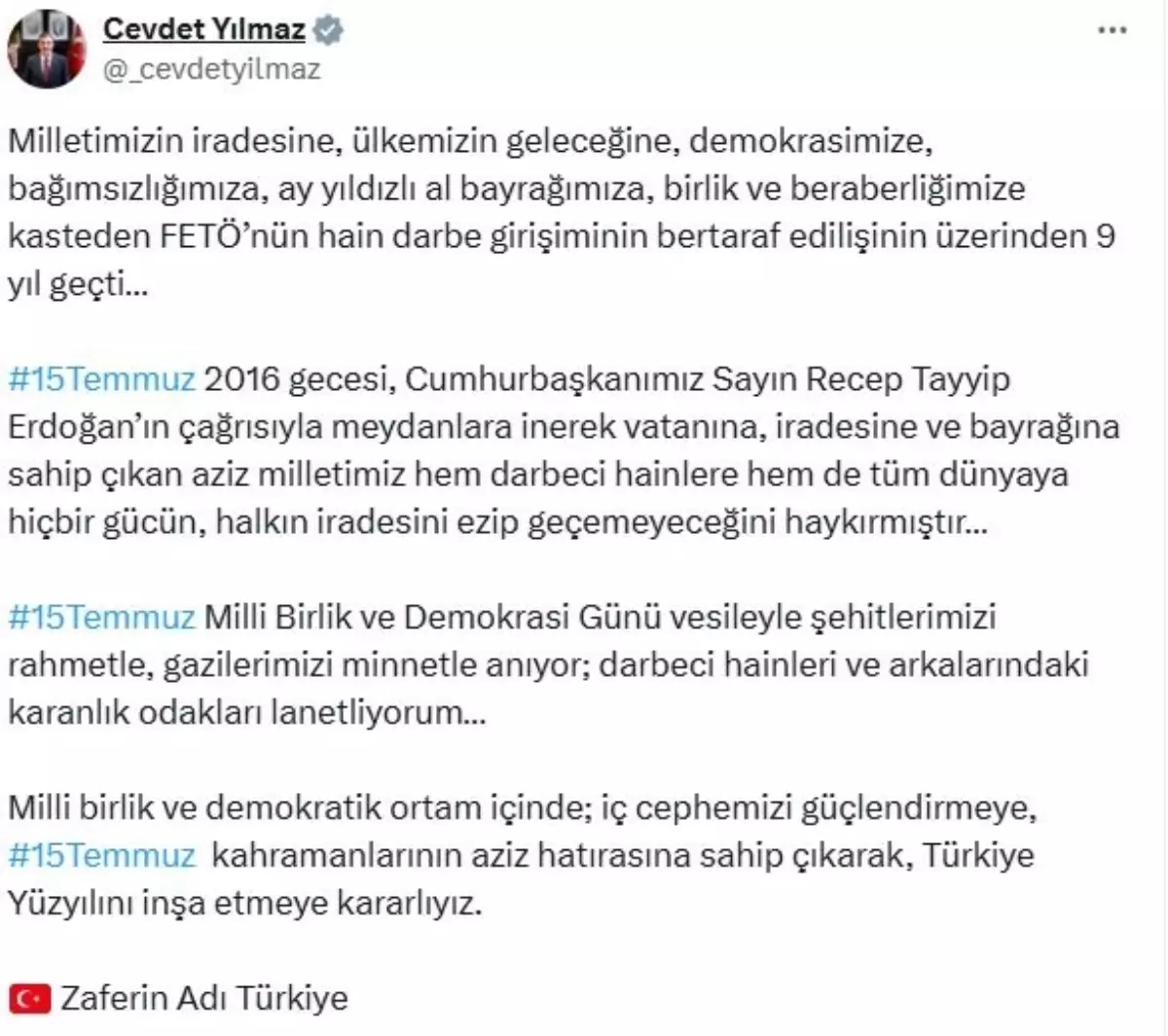 Cevdet Yılmaz: '15 Temmuz gecesi milletimiz hainlere ve dünyaya gücümüzü gösterdi'