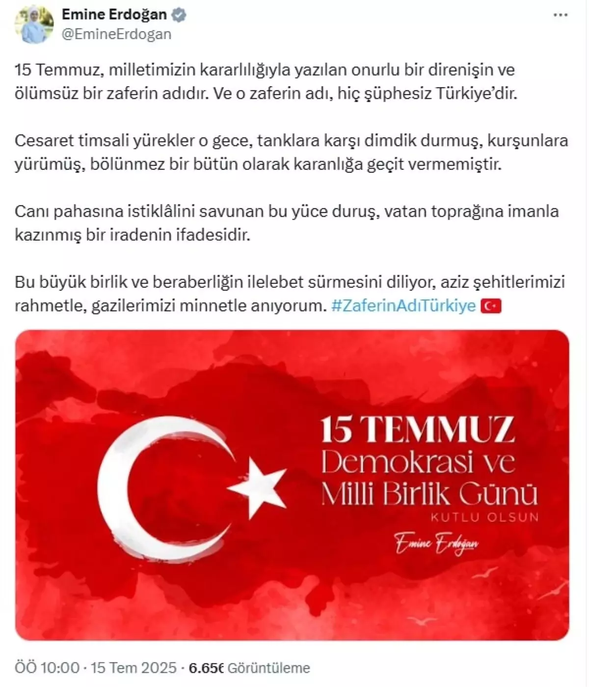 Emine Erdoğan: 15 Temmuz Türkiye'nin Zaferidir