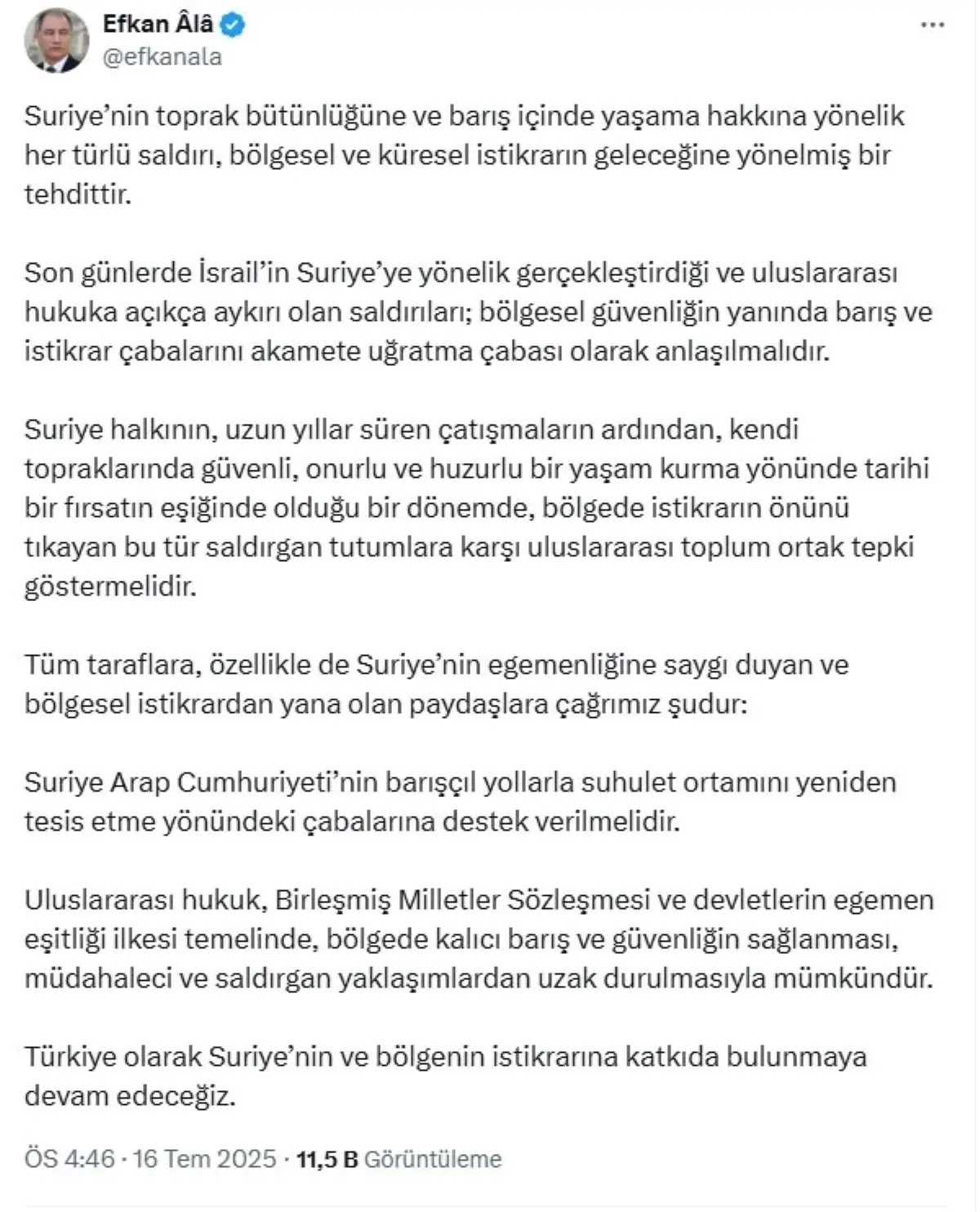 Ala'dan Suriye'nin İstikrarı İçin Çarpıcı Açıklamalar