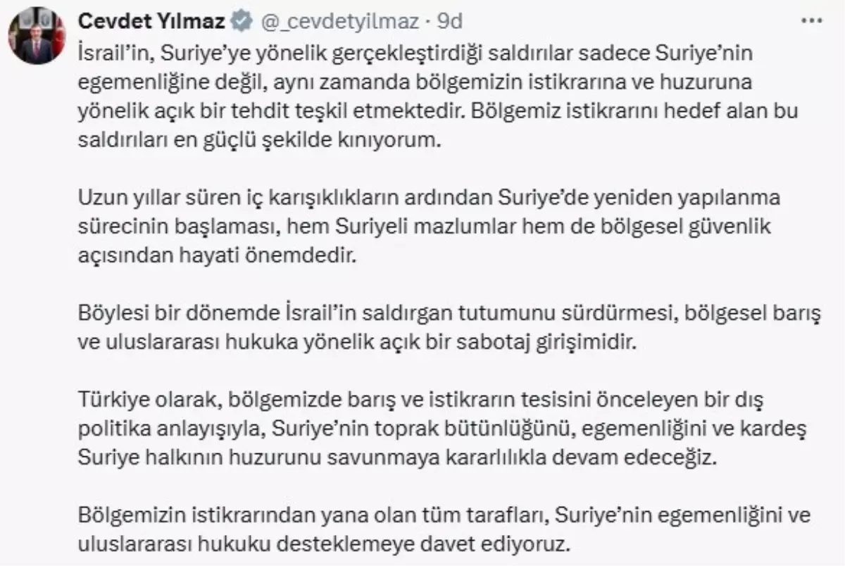 Cevdet Yılmaz'dan İsrail'in Suriye Saldırılarına Sert Tepki