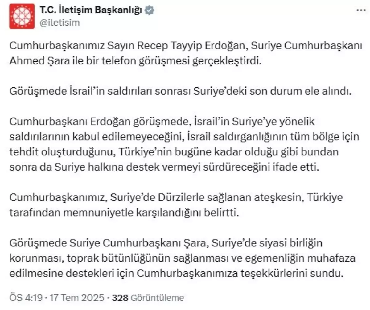 Erdoğan ve Şara'dan Suriye Üzerine Telifif Görüşme