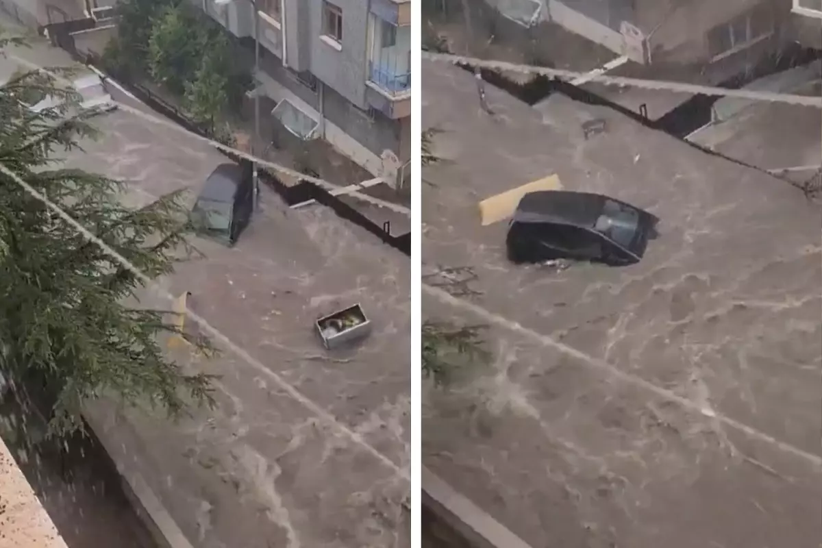 Ankara'da yağış kabusu! Sular bir aracı böyle sürükledi
