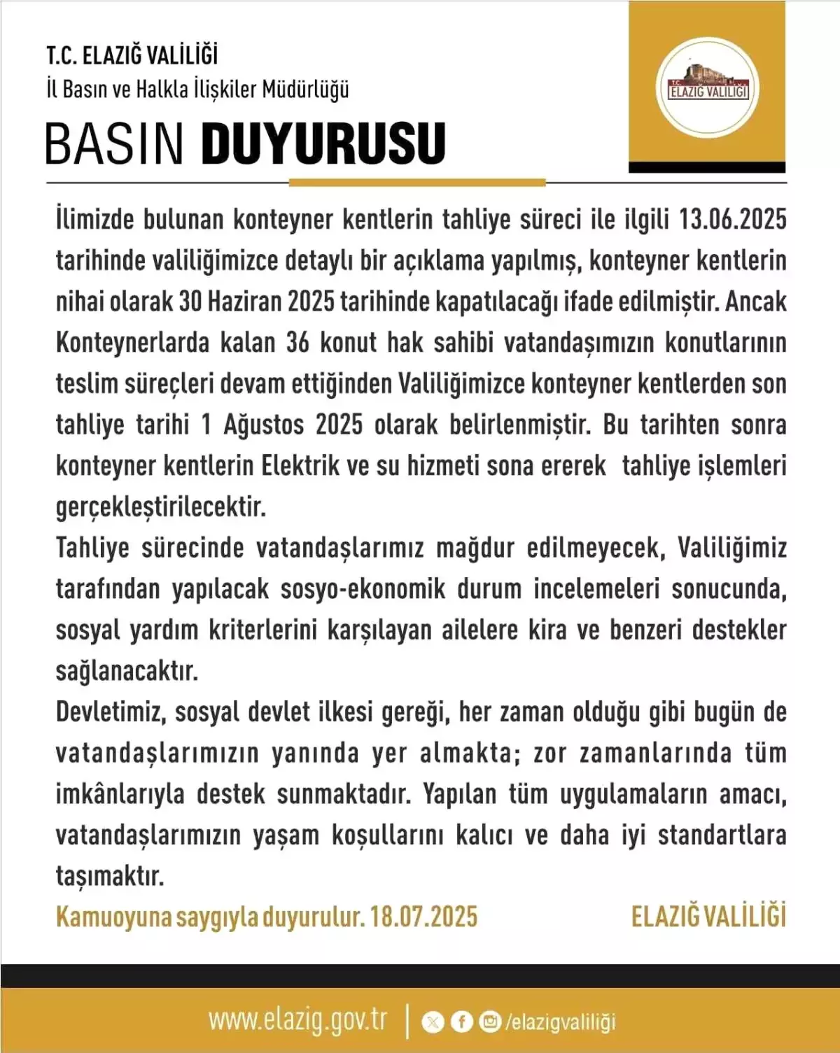 Elazığ'da Konteyner Kentlerin Tahliyesi İçin Tarih Belirlendi