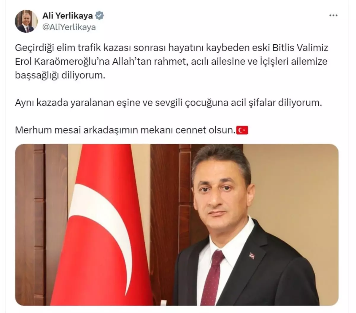 Bakan Yerlikaya'dan Eski Vali Karaömeroğlu İçin Taziye Mesajı