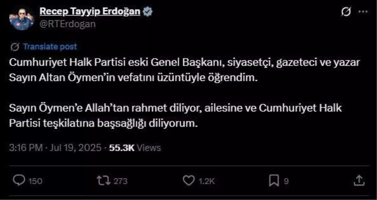 Erdoğan'dan Altan Öymen'e Taziye Mesajı