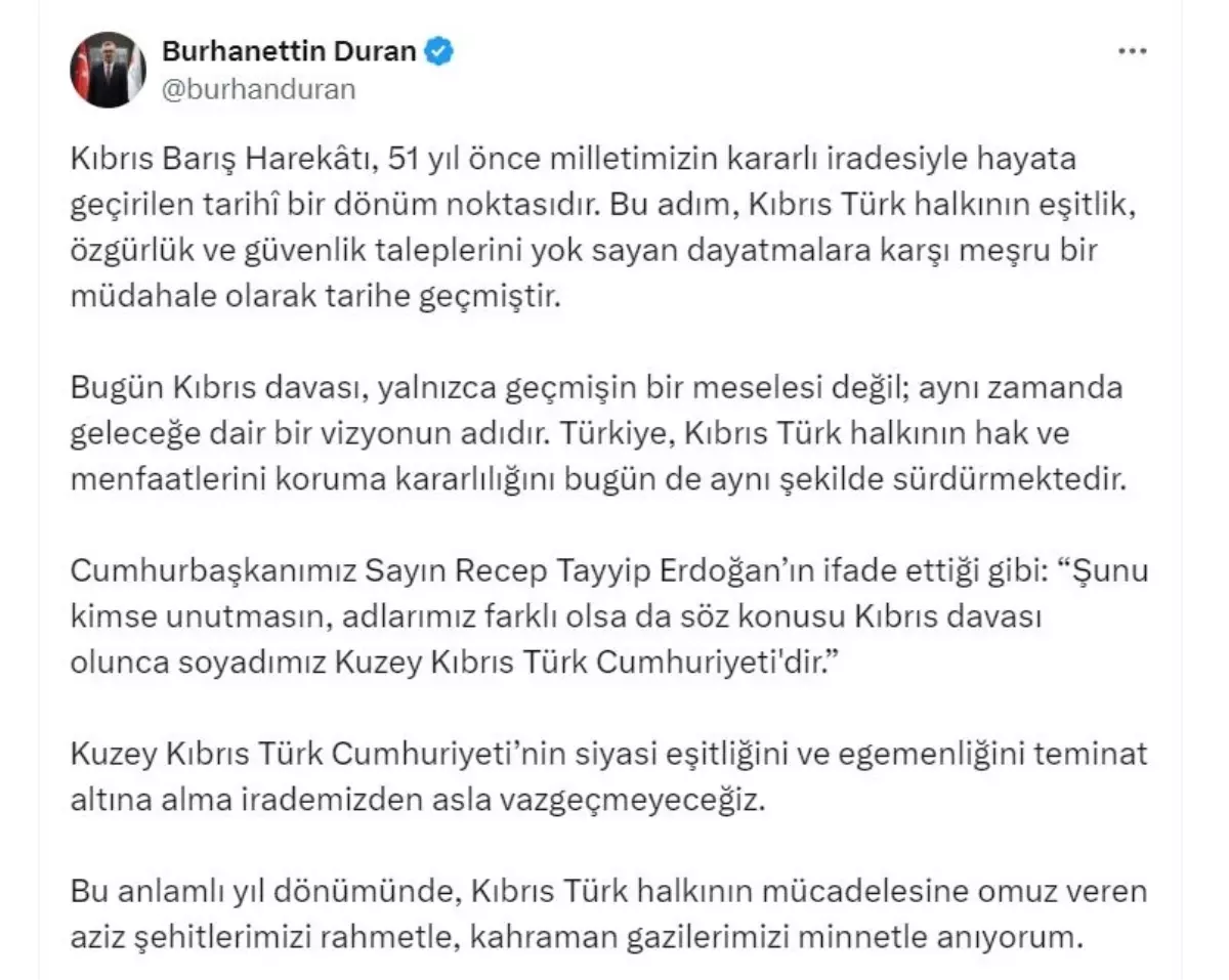 İletişim Başkanı Duran'dan Kıbrıs Barış Harekatı Mesajı