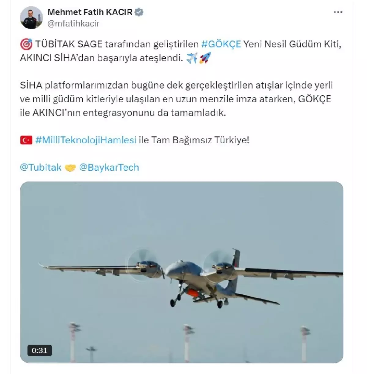 AKINCI SİHA'dan GÖKÇE Güdüm Kiti ile Başarıyla Atış Gerçekleştirildi